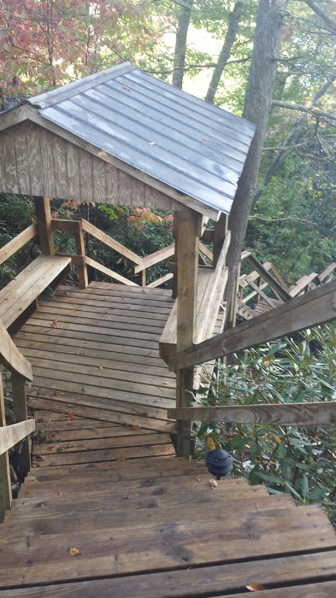Metal roofed shelter over wooden steps on a wooded walkway — Skylight Repair & Installation work by our crew in Mission Hill