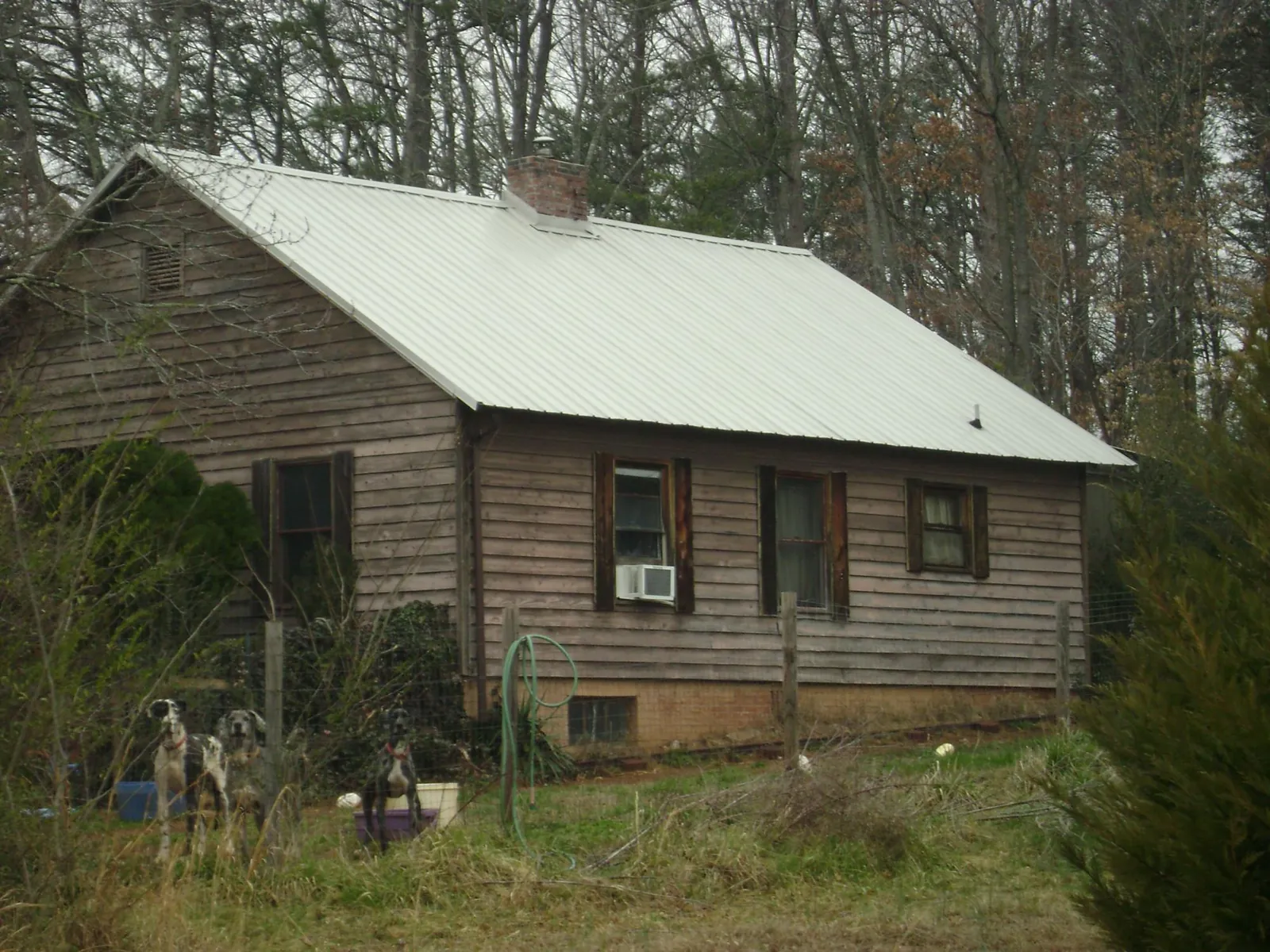 White metal roof on an old wood sided farmhouse, from a Asphalt Shingle Roof Repair job in Mission Hill